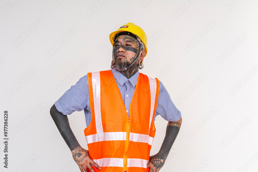 An unconventional looking engineer in a hard hat and vest. Full of face tattoos and piercings. Isolated on a white background. An unconventional looking engineer in a hard hat and vest. Full of face tattoos and piercings. Isolated on a white background.