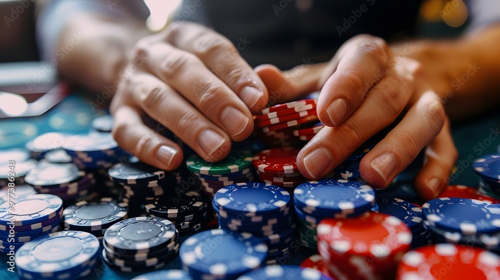 Rolling Chips in Hand: Hands rolling poker chips between fingers, a common habit at the table.
Rolling Chips in Hand: Hands rolling poker chips between fingers, a common habit at the table.