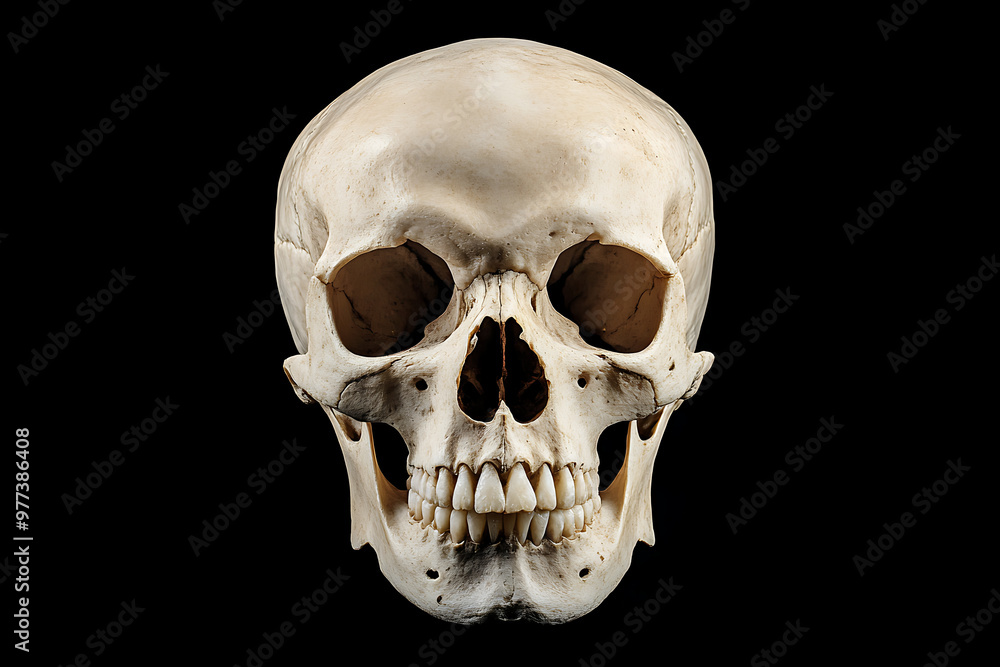 A detailed human skull model showcasing anatomical features and structure. A detailed human skull model showcasing anatomical features and structure.