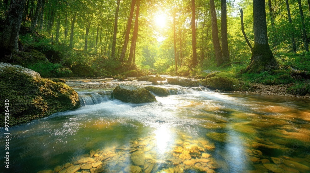 A crystal-clear stream flowing through a sunlit forest. A crystal-clear stream flowing through a sunlit forest.