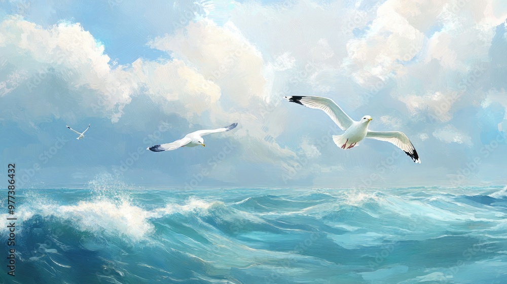 Fototapeta premium Seagulls soar above the ocean, symbolizing tranquility, open skies, and the peacefulness of the sea.