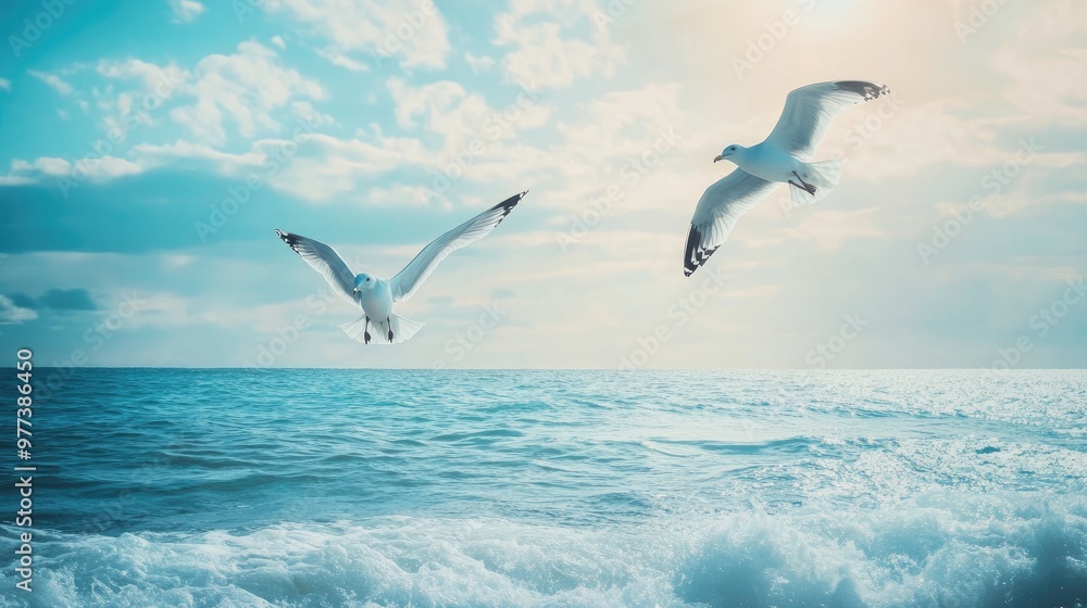 Fototapeta premium Seagulls soar above the ocean, symbolizing tranquility, open skies, and the peacefulness of the sea.