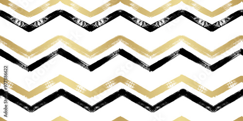 Gold and black Christmas seamless vector pattern. Hand drawn chevron golden foil print. Shining stripes zigzag background