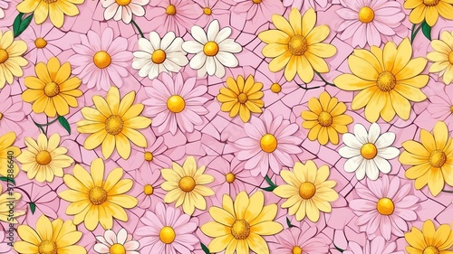 Wallpaper Mural base xl pretty yellow theme flowers on light pink background, egg mosaic style Torontodigital.ca