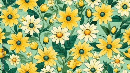 Wallpaper Mural base xl pretty yellow theme flowers on light green background, egg mosaic style Torontodigital.ca