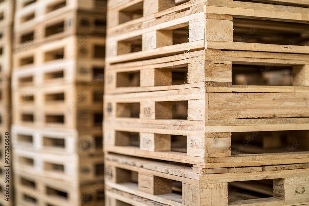 A close-up view of wooden pallets stacked neatly in a warehouse, showcasing their texture and structure for industrial use. A close-up view of wooden pallets stacked neatly in a warehouse, showcasing their texture and structure for industrial use.