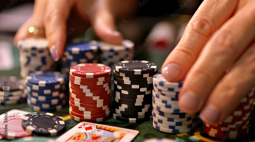 Rolling Chips in Hand: Hands rolling poker chips between fingers, a common habit at the table.
Rolling Chips in Hand: Hands rolling poker chips between fingers, a common habit at the table.
