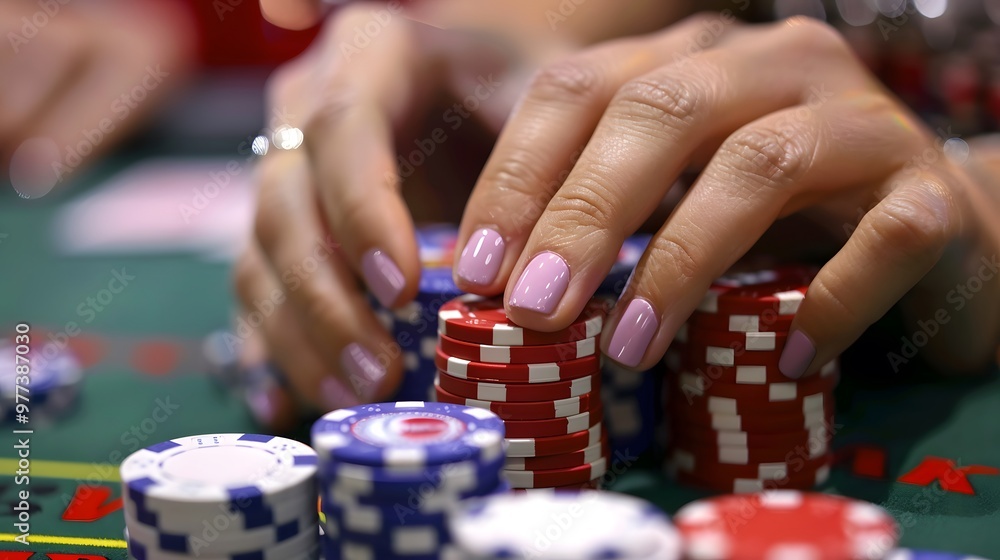 Naklejka premium Rolling Chips in Hand: Hands rolling poker chips between fingers, a common habit at the table. 