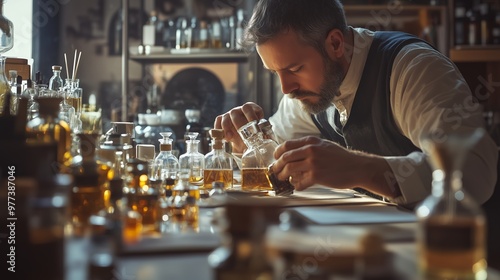 Professional perfumer crafting unique scents in a vintage laboratory filled with aromatic oils and glass containers