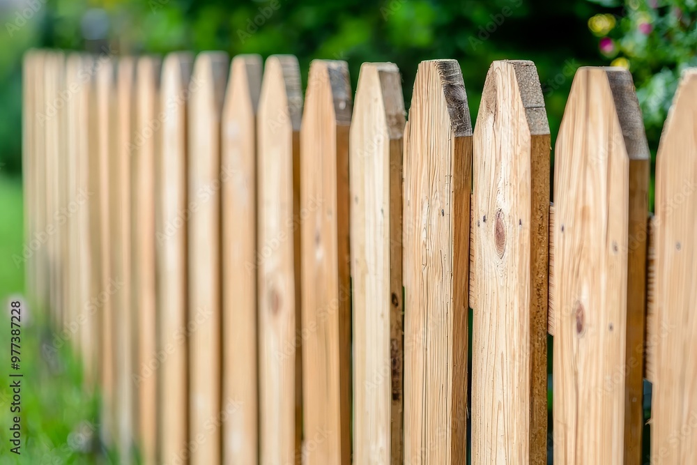 Close-up of a wooden picket fence, showcasing natural textures and designs in a serene outdoor setting. Close-up of a wooden picket fence, showcasing natural textures and designs in a serene outdoor setting.