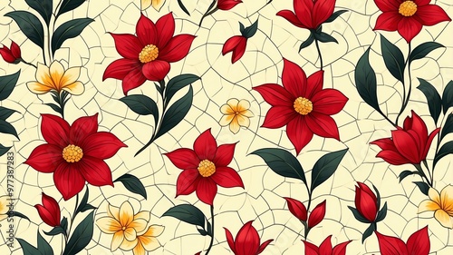 Wallpaper Mural base xl pretty red theme flowers on light yellow background, egg mosaic style Torontodigital.ca