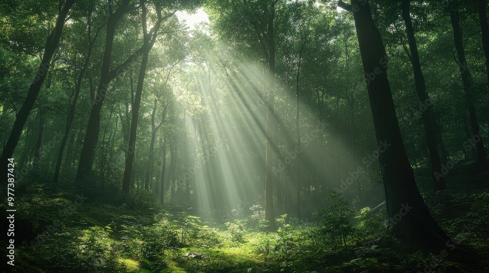 Fototapeta premium A dense, dark forest with sunlight filtering through the canopy.
