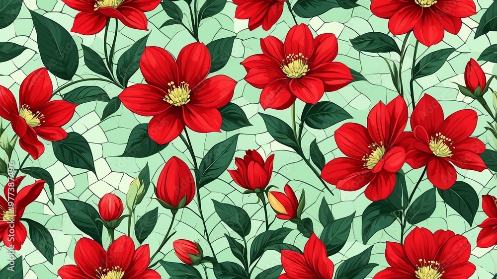 base xl pretty red theme flowers on light green background, egg mosaic style base xl pretty red theme flowers on light green background, egg mosaic style