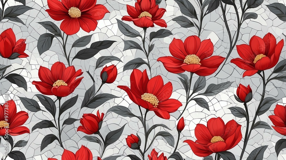 base xl pretty red theme flowers on light gray background, egg mosaic style base xl pretty red theme flowers on light gray background, egg mosaic style