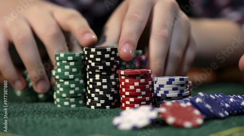 Rolling Chips in Hand: Hands rolling poker chips between fingers, a common habit at the table. 