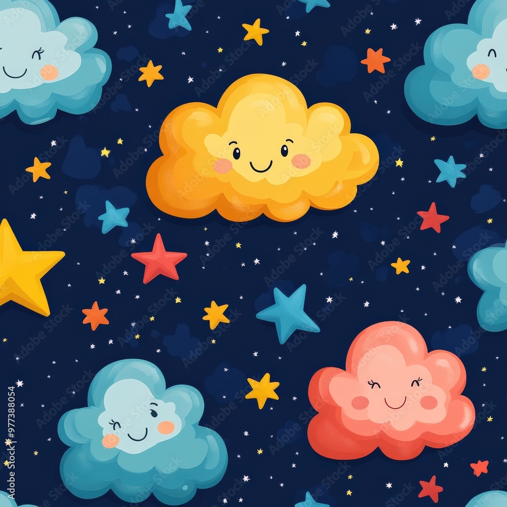 Cute cartoon stars and clouds with smiling faces Cute cartoon stars and clouds with smiling faces