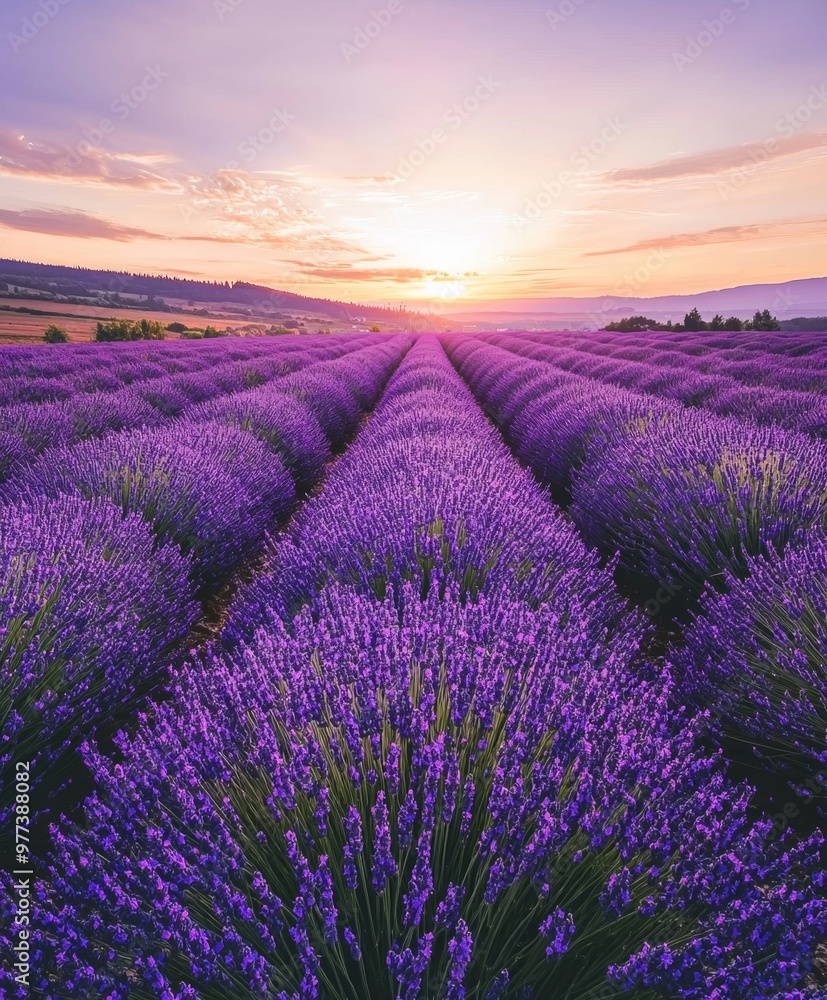 Obraz premium Lavender Field at Sunset Tranquil Scenic Landscape with Vibrant Purple Flowers and Glowing Sky