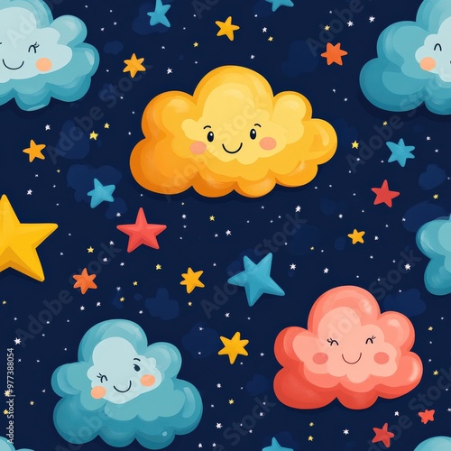 Cute cartoon stars and clouds with smiling faces