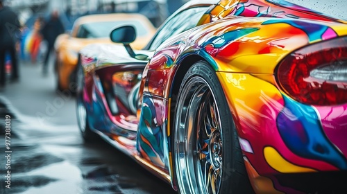 Spectacular Custom Painted Car at Motorsport Event with Vibrant Colors and Intricate Designs