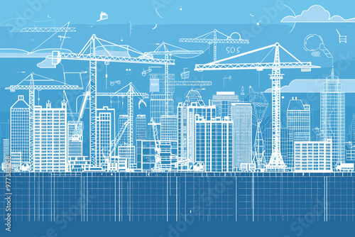 Constructing and residential development with building outline collection. Labeled elements with equipment, workers, heavy machinery and blueprints vector illustration. House renovation.