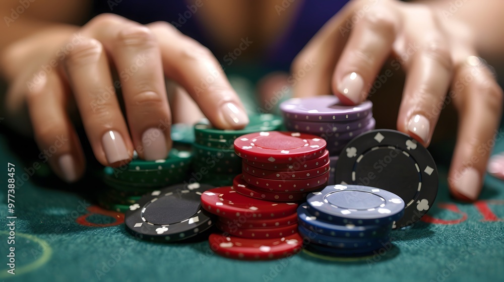 Rolling Chips in Hand: Hands rolling poker chips between fingers, a common habit at the table.
Rolling Chips in Hand: Hands rolling poker chips between fingers, a common habit at the table.