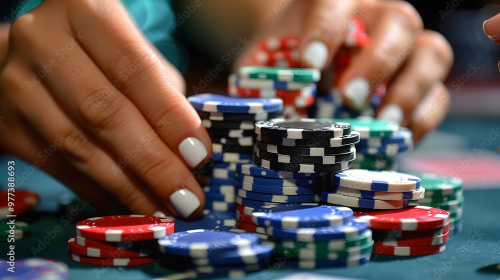 Rolling Chips in Hand: Hands rolling poker chips between fingers, a common habit at the table.
Rolling Chips in Hand: Hands rolling poker chips between fingers, a common habit at the table.