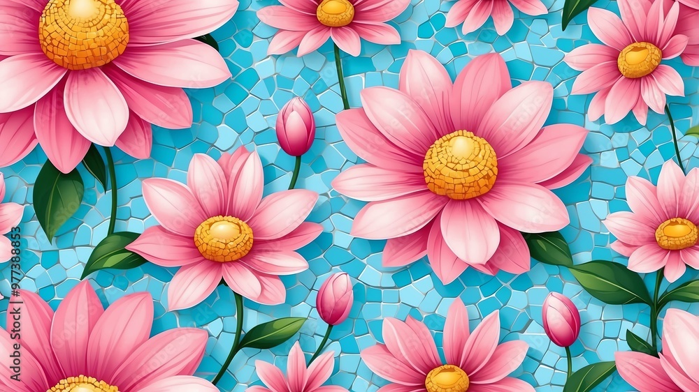 base xl pretty pink theme flowers on light blue background, egg mosaic style base xl pretty pink theme flowers on light blue background, egg mosaic style
