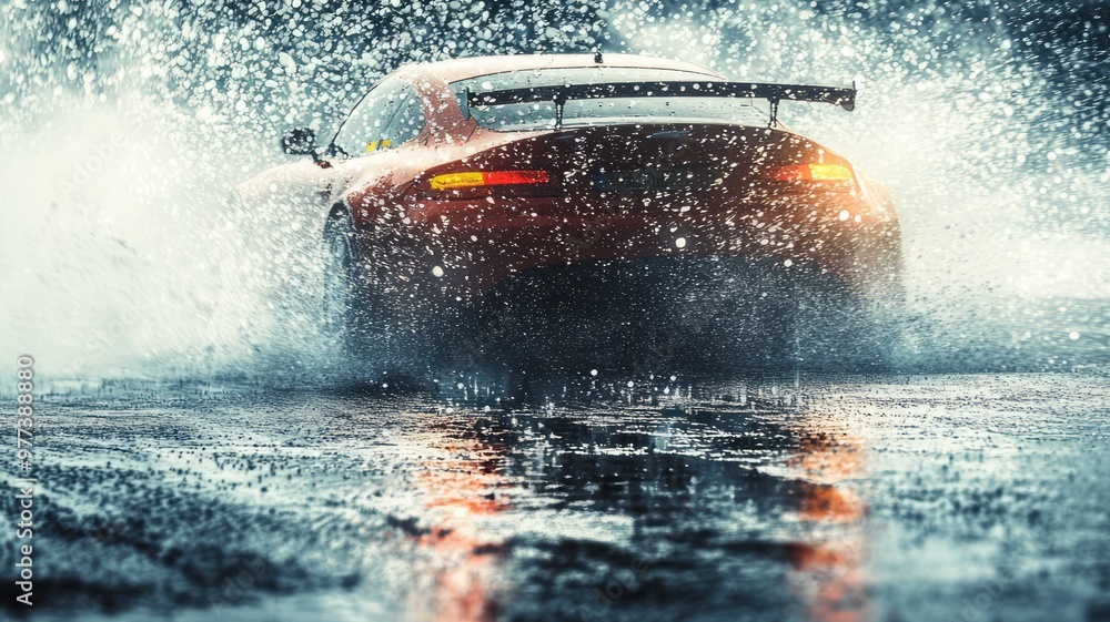 Fototapeta premium Intense Car Spin Out on Wet Track - Driver Regaining Control in Action-Packed Scene