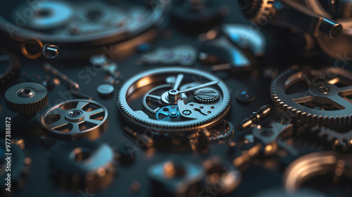 Intricate dismantled mechanical watch with detailed gears and springs on dark background, symbolizing precision and complexity in teardown analysis.