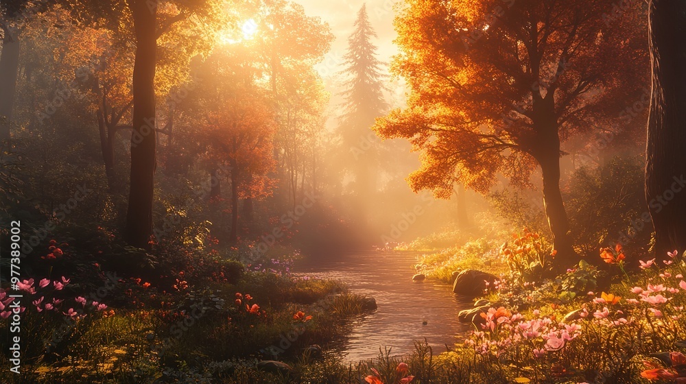 The golden hour in a forest, with sunlight casting long shadows and a warm glow. The golden hour in a forest, with sunlight casting long shadows and a warm glow.