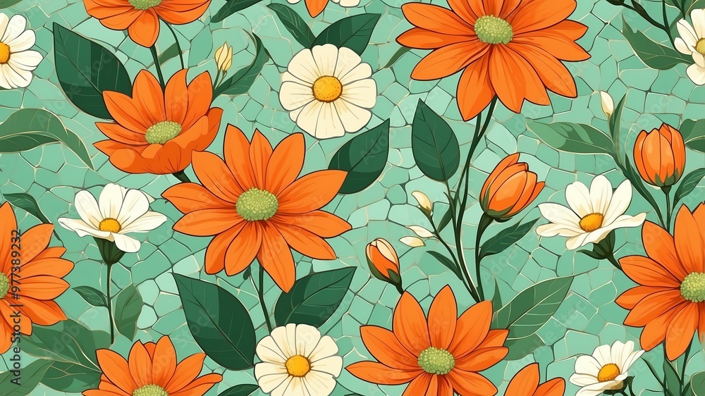 base xl pretty orange theme flowers on light green background, egg mosaic style base xl pretty orange theme flowers on light green background, egg mosaic style