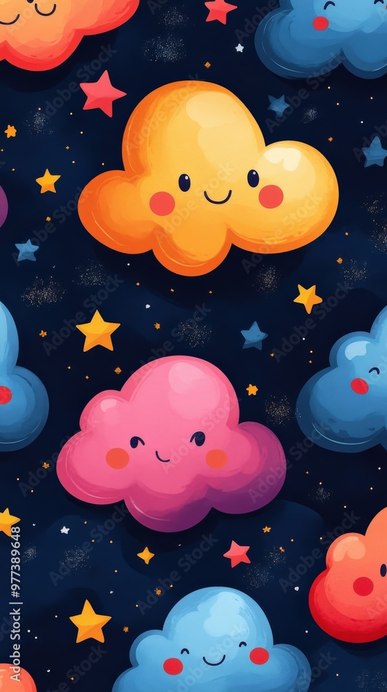 Cute cartoon stars and clouds with smiling faces Cute cartoon stars and clouds with smiling faces