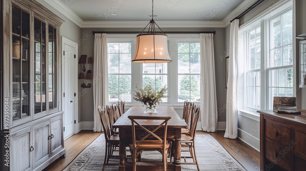 A blend of traditional and modern design in a dining room with ornate wooden furniture, paired with bold, minimalist lighting and a modern centerpiece on the table A blend of traditional and modern design in a dining room with ornate wooden furniture, paired with bold, minimalist lighting and a modern centerpiece on the table