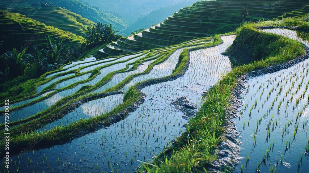 Naklejka premium Vibrant Terraced Rice Paddy Field with Lush Green Landscape and Reflection