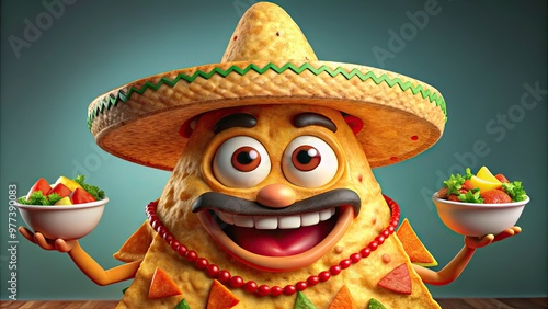 A cheerful, anthropomorphic nacho chip with a big smile and colorful sombrero, enthusiastically holding a sign and embodying festive, spirited, and playful brand ambassadorship. photo