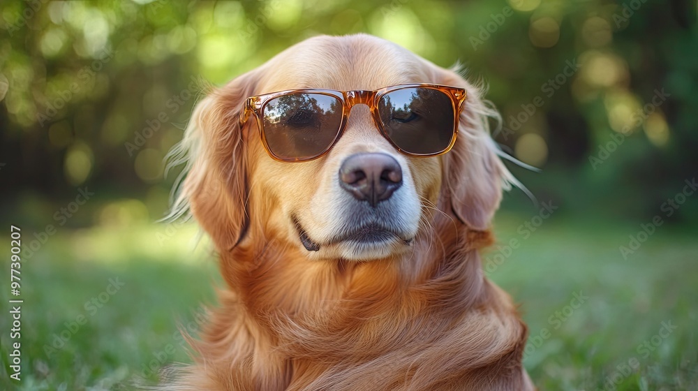 A golden retriever dog wearing a pair of sunglasses A golden retriever dog wearing a pair of sunglasses