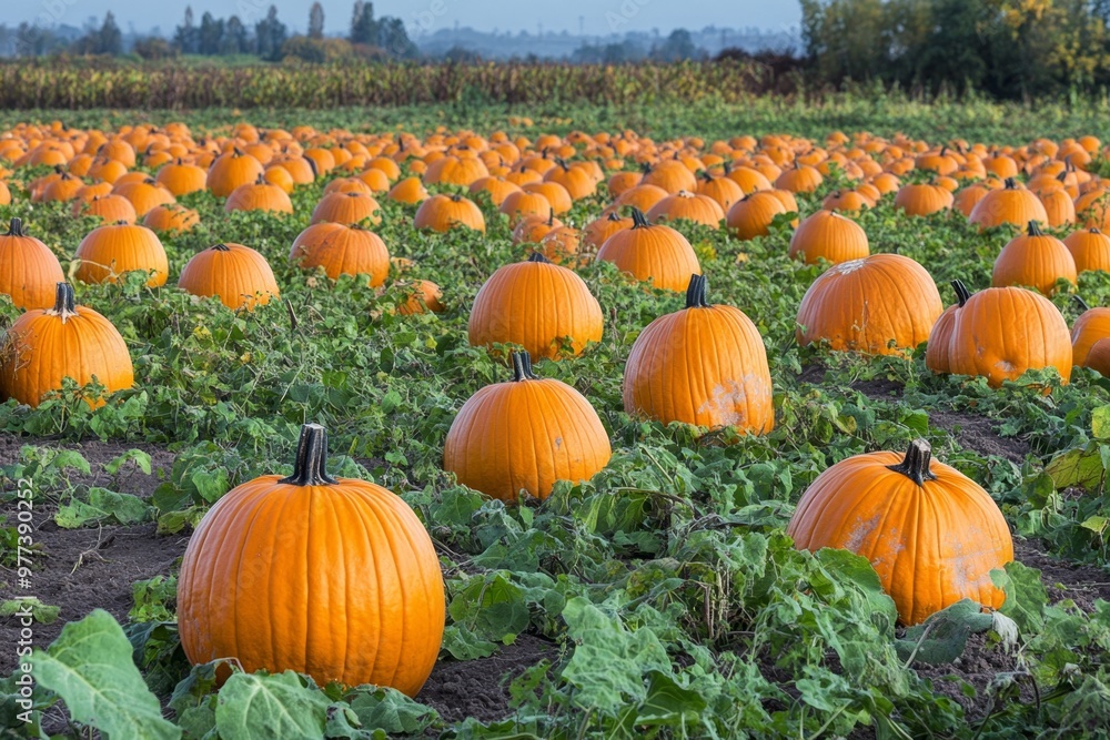 A vibrant pumpkin field ready for harvest in the autumn season A vibrant pumpkin field ready for harvest in the autumn season