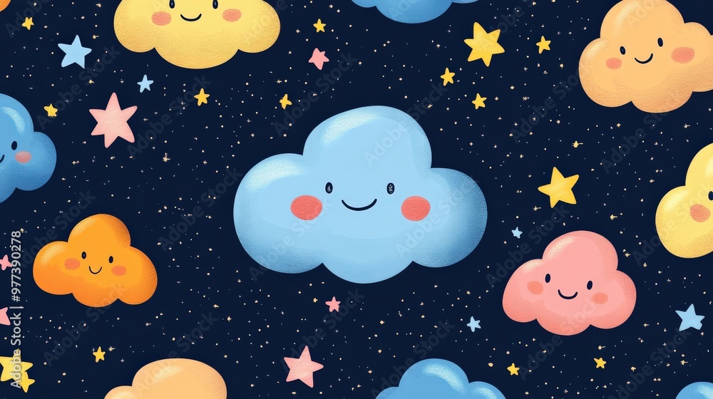 Cute cartoon stars and clouds with smiling faces Cute cartoon stars and clouds with smiling faces