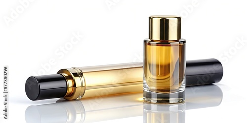 A clear glass bottle with a black cap stands upright on a white background, filled with golden oil, with a small metal rollerball applicator on top. photo