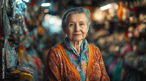 vibrant scene of a senior woman in a retail store exploring product selection and enjoying the interaction with staff in a pleasant shopping environment