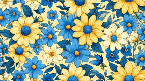 Wallpaper Mural base xl pretty blue theme flowers on light yellow background, egg mosaic style Torontodigital.ca