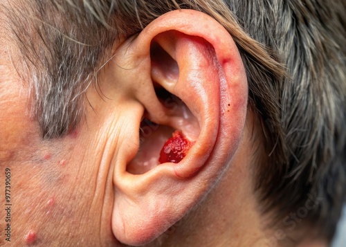 A close-up of a human ear with evident signs of damage, including torn eardrum, redness, and swelling, highlighting the importance of hearing protection and care. photo