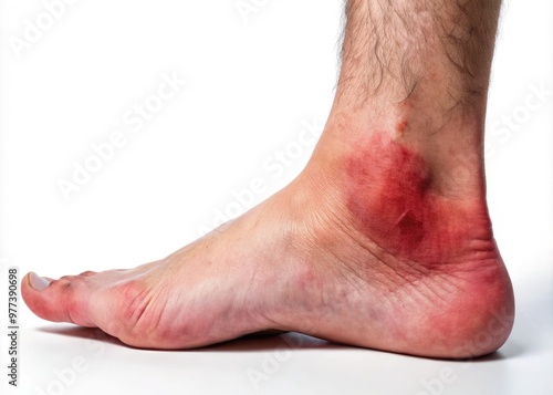 A close-up of an inflamed and red ankle with visible swelling, veins, and bruising, resting on a white background with subtle shadows. photo