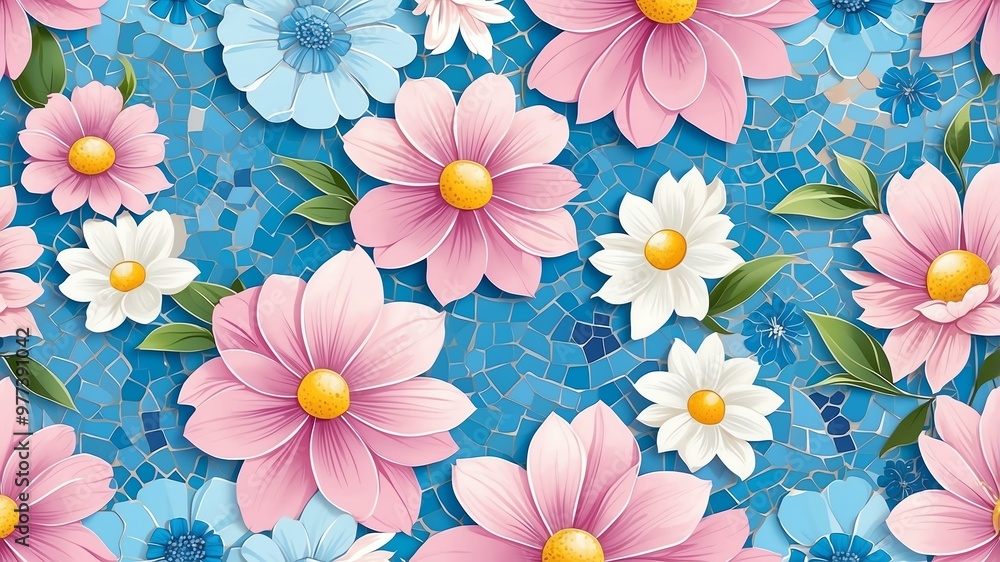 base xl pretty blue theme flowers on light pink background, egg mosaic style base xl pretty blue theme flowers on light pink background, egg mosaic style