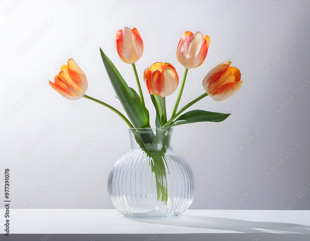 Glass vase with blooming tulips. A simple glass vase with blooming tulips inside, set against a white background Glass vase with blooming tulips. A simple glass vase with blooming tulips inside, set against a white background