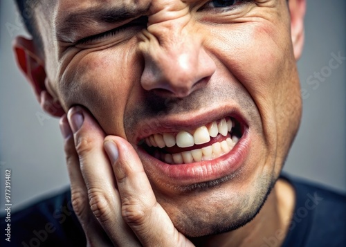 A close-up shot of a person's cheek, contorted in discomfort, with a faint outline of teeth and twitching facial muscles, conveying a sense of sudden sharp pain. photo