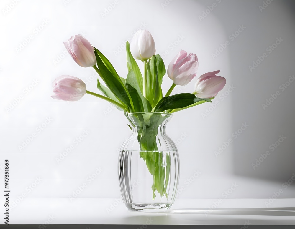 Glass vase with blooming tulips. A simple glass vase with blooming tulips inside, set against a white background Glass vase with blooming tulips. A simple glass vase with blooming tulips inside, set against a white background