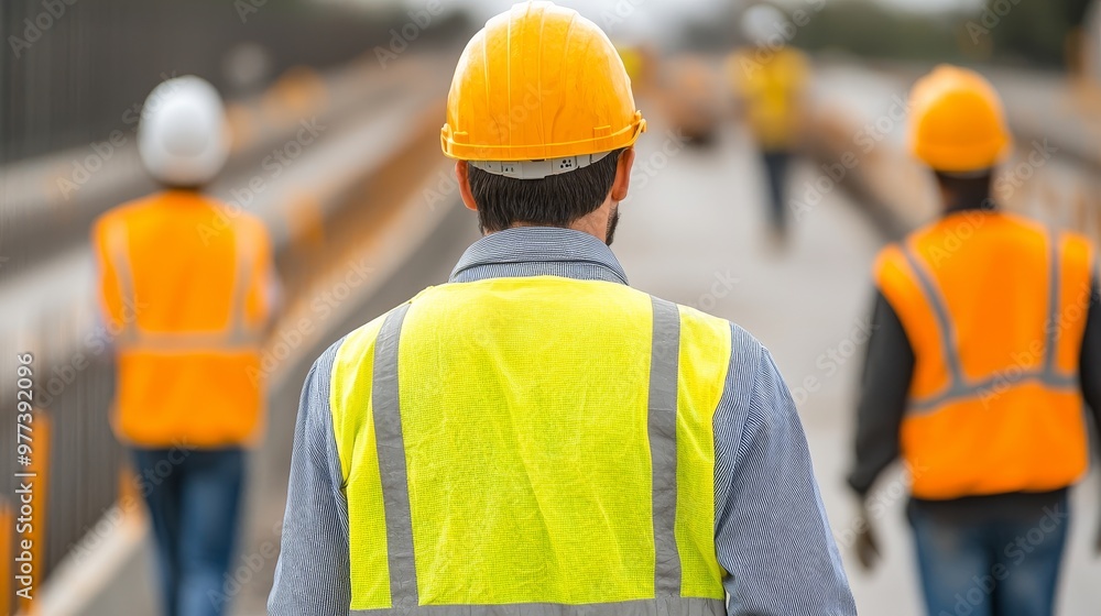 Startup founder walking along a partially constructed highway, workers facing away, infrastructure, urban expansion Startup founder walking along a partially constructed highway, workers facing away, infrastructure, urban expansion