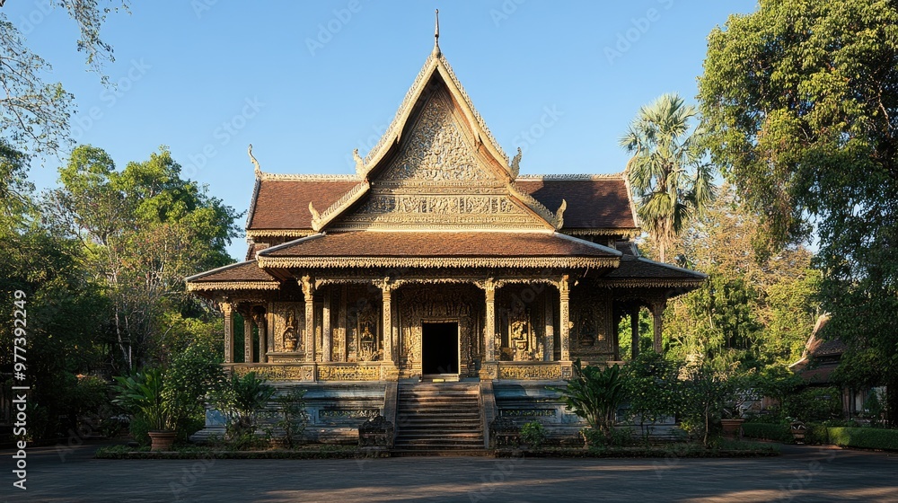 A peaceful Buddhist temple with intricate carvings. A peaceful Buddhist temple with intricate carvings.