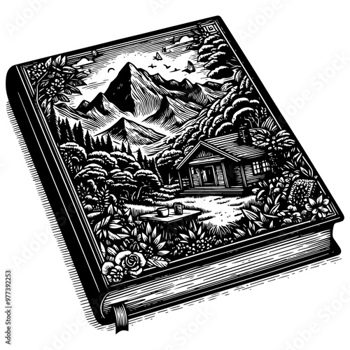 Illustrative book cover with mountain cabin and nature scene. Raster, generative ai.
